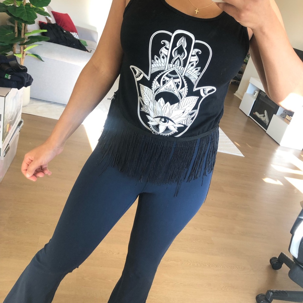 Black Fringe Tank with White Hamsa Graphic